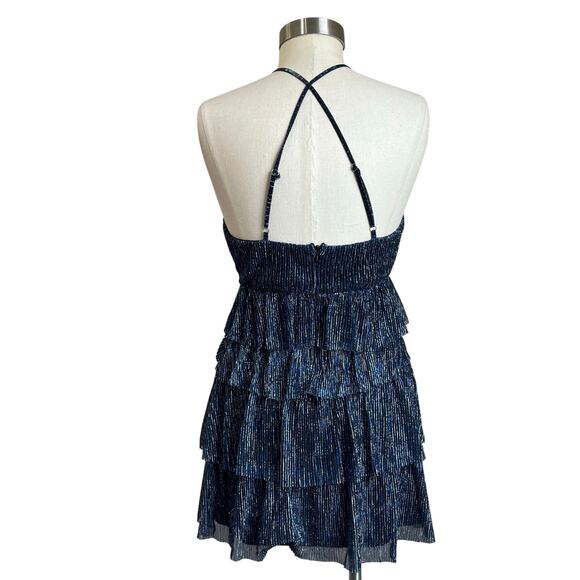 Lulus Glowing Gorgeous Blue Multi Metallic Tiered Mini Dress Size Small - Picture 3 of 13